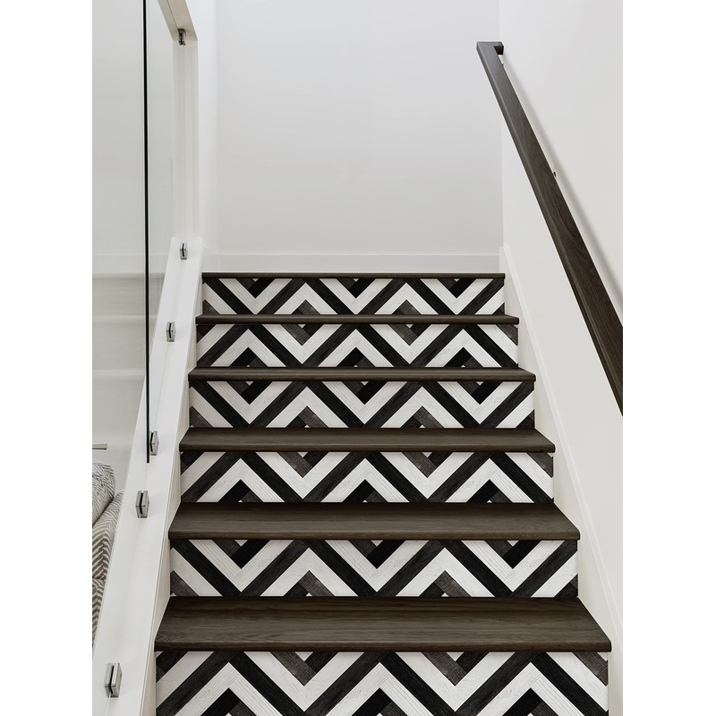 Chevron Striped Wood Stair Riser Strips (Black & White, 15