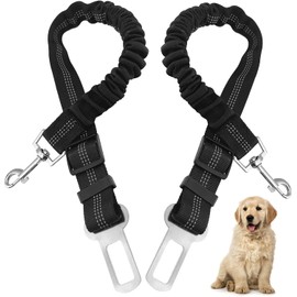 Sicherheitsgurt für Hunde, 2er Set, elastischer Gurt aus Nylon, verstellbar, Karabinerhaken aus Metall, Schwarz