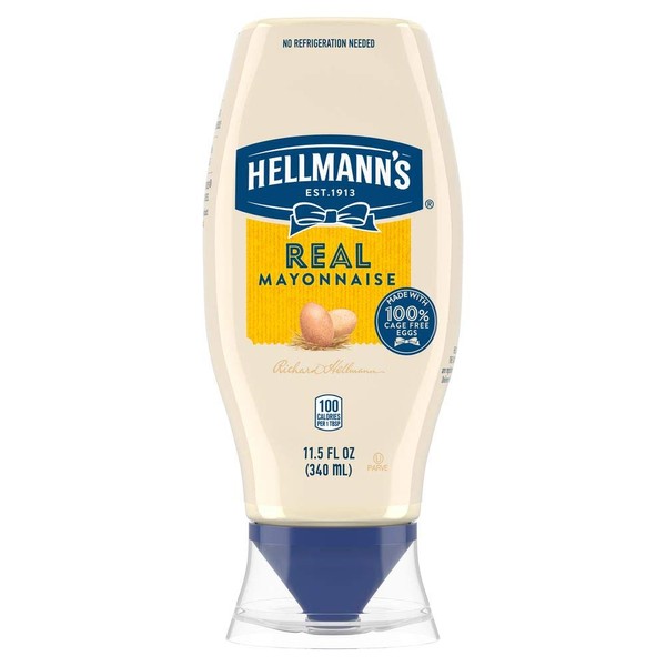 Hellmann's Real Mayonnaise Squeeze Bottle Made from 100% Recycled Plastic, No-Mess Cap, Made with Cage Free Eggs, Gluten Free, 11.5 oz, Pack of 12
