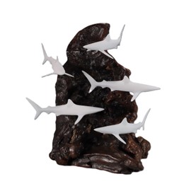 Shark School Sculpture by John Perry 11 in high Pellucida on Polished burlwood Base. Signed.