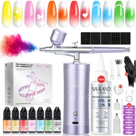 SAVILAND 7-in-1 Pro Dilution-Free Airbrush Set: Hema-Free Airbrush Gel Nail Polish & Airbrush for Nails Airbrush Cleaner Airbrush Stencils Protector for Fingers Masks Instant Nail Technician Salon