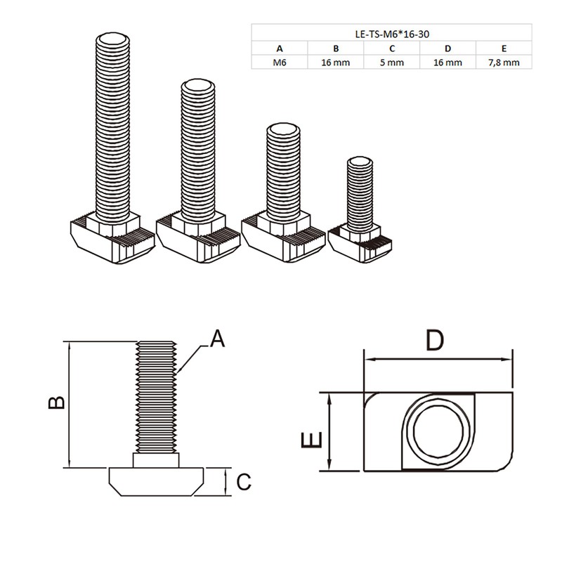 Hammer Screw T-Screw M6 16 mm Slot 8 for Aluminium