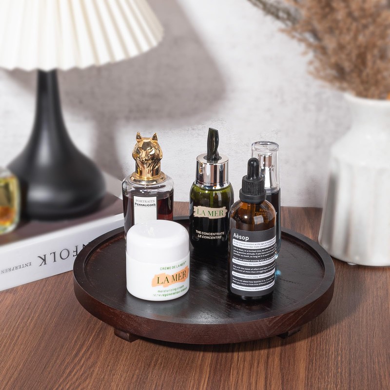 Round Decorative Tray Wood Bathroom Counter Organizer Farmhouse Kitchen Decor