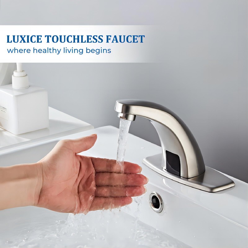 Luxice Brushed Nickel Touchless Bathroom Sink Faucet, Battery Operated Automatic