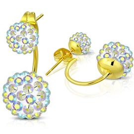 Bungsa Rainbow Shamballa Earrings Disco Ball Gold Ferido Crystal 6 & 10 mm – 1 Pair Stainless Steel (Stud Earrings Hoop Earrings Rainbow Zirconia Ear Clips Women Men Fashion), Stainless Steel, Crystal