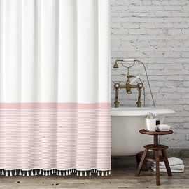 Seasonwood Pink Shower Curtain Tassel White Fabric Long Shower Curtain for Bathroom Decor,Striped Shower Curtains,84 Inch Shower Curtains Waterproof 72 x 84