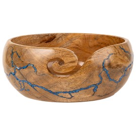 Bhartiya Handicrafts Wooden Yarn Storage Bowl, Knitting Accessories Yarn Holder for Crocheting, Crochet Bowl with Fractal Wood Burning & Blue Resin Artwork (Small 6x6x3 inch)