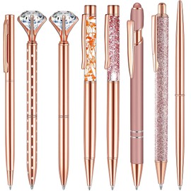Taicols Rose Gold Ballpoint Pen Set, 8 pcs Metal Ballpoint Pens, Liquid Sand Glitter Pen, Crystal Diamond Pen, Black Ink Gel Pens, Ball Point Pen Gifts for Wedding Office Rose Gold Desk Supplies
