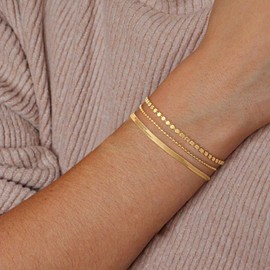 ASCOMY Dainty Gold Bracelets for Women 14K Gold Plated Gold Flat Herringbone Bracelet for Women Cute Dot Link Ball Chain Bracelets Set Layered Bracelet Trendy Gold Jewelry Gifts