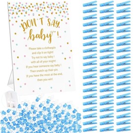 Juego de Pinzas Don't Say Baby Shower Boy Incluye Letrero de Pie de 8x11'', 60 Mini Pinzas de Ropa Azules, 60 Mini Chupetes