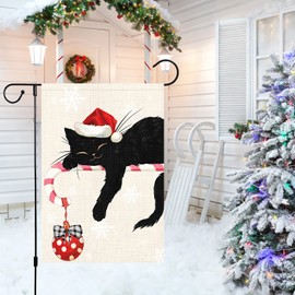 Louise Maelys Merry Christmas Garden Flag 12x18 Double Sided, Burlap Small Winter Farmhouse Rustic Welcome Christmas Black Cat Ball Yard Flag Holiday Christmas House Outdoor Decorations (ONLY FLAG)