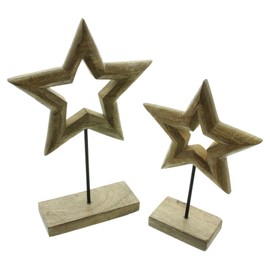 FRANK FLECHTWAREN Christmas Decoration Star, Set of 2, Mango Wood, Natural, Metal, Matt Black, Furniture Friendly Plastic Nubs, Dimensions: 16 x 5 x 25 cm, 20 x 5 x 31 cm