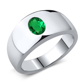 Gem Stone King Men's 925 Sterling Silver Green Nano Emerald Ring | 0.75 Cttw | Oval 8X6MM | Available in Size 7,8,9,10,11,12,13
