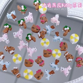 [Overseas] Kitty Parts New Cartoon Manicure Accessories Online Celebrity 3D Black Leather Kt Cat Coconut 0 1 Black Skin Katie Series - [56 Boxes] 4ea