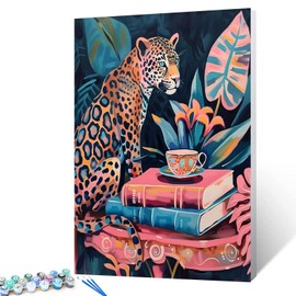 Cute Leopard Paint by Number for Adults,Animal ,Wildlife Cheetah DIY Oil Painting Kits on Canvas with Brushes and Acrylic Pigment Coffee,Books Picture Home Decor 16x20inch Boho Palm Gift (Frameless)
