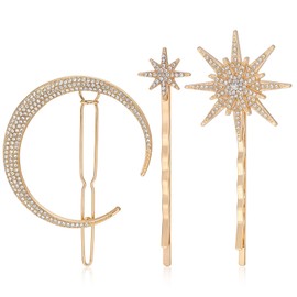 3 Pack Moon Star Hair Clips, Vintage Star Moon Hair Pin, Gold Rhinestone Star Moon Hair Clips, Crystal Celestial Hair Accessories for Women and Girls