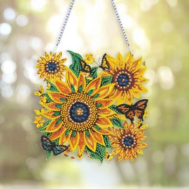 Eiflow DIY Hanging Diamond Painting Sunflower Pendant Kit, 7.4x7.3inch Special Diamond Gem Art Kit Ornament, Acrylic Diamond Art Board with Chain, Box Package