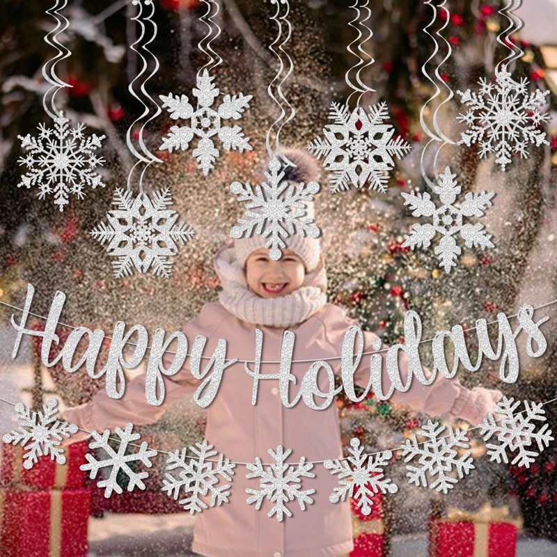 TELAIN Christmas Decoration Set with Glittering Happy Holidays Banner, Snowdrift