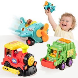 HOLA Toys for 1 2 3 Year Old Boy Birthday Gift - 3 PCS Friction-Powered Trucks & Propeller Plane Toy, Garbage Truck & Train Toddler Toys 1-2 Early Educational Baby Christmas Birthday Stuffer
