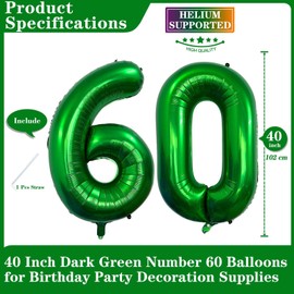 Dark Green 60 Number Balloons, 40 Inch Giant Number 60 Balloons Foil Mylar Helium Dark Green Number Balloons for 60th Birthday Party Supplies Anniversary Event Celebration Decorations