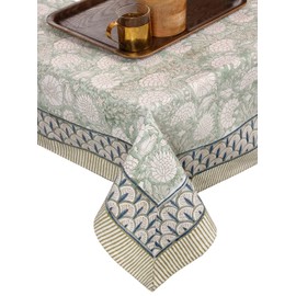 ATOSII Jade 100% Cotton Rectangle Boho Fall Tablecloth, Handblock Floral Table Cloth Linen for Kitchen Dining I Parties Wedding Outdoors Christmas Thanksgiving I 72 X 140 Inches I 12 Seater