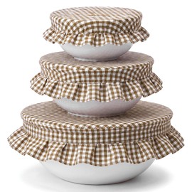 Hushee 3 Pcs Brown Gingham Bowl Covers with Ruffle for Bread Proofing 7''-13'' Reusable Cloth Food Storage Bowl Covers Durable Elastic Farmhouse Plaid Lids Proofing Baskets Bread Baking Supplies
