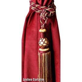 1 Luxury Handmade Gold & Burgundy Color Single Tassel Rope Tie Back Window Treatment Curtain Drapery Vintage Look 2 Spread Cord Holdback Decor Tieback/Pull Back