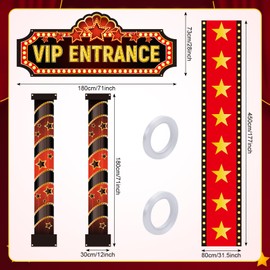 Movie Night Porch Sign Banner, 4 Pcs Decorations Set with Red Carpet Runner & VIP Entrance Banner - Casino Theme Party Decorations for Home Theater, Film Awards, Red Carpet Events