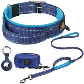 DAGANXI Dog Collar Adjustable Soft Neoprene Padded Breathable Reflective Strip Nylon Collar for Small Medium Large Dogs, with Airtags Case and Dog Poop Bags Dispenser (Medium, Blue/Teal-Set)