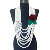 White Crochet Scarf Necklace with Red Rose, Green Leaves