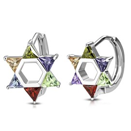 925 Sterling Silver Multicolor CZ Jewish Star of David Hoop Huggie Earrings