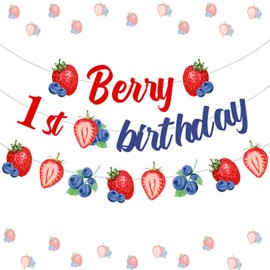 Cheereveal Berry 1st Birthday Bunting Garlands for Girls - Red Blue Fruit Berry Theme Banners, Strawberry Blueberry First Birthday Party Decorations 1 year old