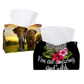2 Pack Tissue Box Cover Holder, Leopard Print with Flowers Rectangle Leather Tissue Case, Decorative Organizer for Tabletop, Bathroom, Car, Office