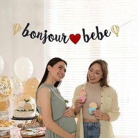 Bonjour Bebe Banner，Black Glitter French Theme Baby Shower Party Decor，Happy 1st Birthday Party Decorations Supplies. Already threaded.