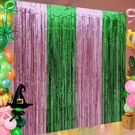 Pink and Green Foil Fringe Curtain Backdrop Decorations 3.3Ft x 6.6Ft Witch Metallic Tinsel Foil Streamers Curtain Photo Booth Background for Witch Wedding Girls Birthday Party Decorations