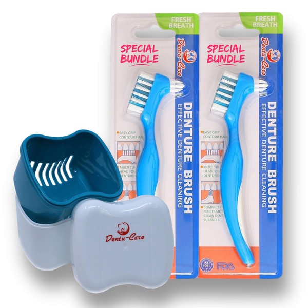 Dentu-Care Estuche para dentadura con 2 cepillos de limpieza dental, estuche con tapa y cesta de drenaje para limpieza y almacenamiento