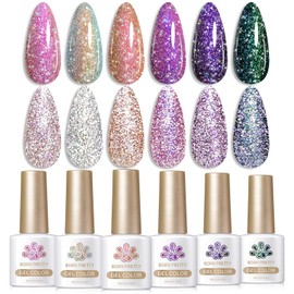 Born Pretty Reflective Glitter Gel Nail Polish Shimmer Sequins Sparkly Shiny Disco DJ Glitter Sequins Nail Polish 6PCS 7ML