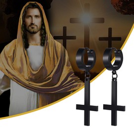 JewelryWe Mens Inverted Cross Earrings: Upside Down Cross Dangle Earrings Gothic Jewelry for Men Women Satanic Cross Earrings Clip On Piercing Earrings