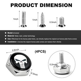 Wevdn 4 PCS License Plate Screws Fastener Kit, Aluminum Alloy Skull License Plate Frame Screw Caps, License Plate Fastener Decorative Screws Bolts for Most Vehicle, Car Accessories (Silver & White)