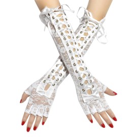 COSFAN Women's Lace Up Gloves, Long Elbow Fingerless Gloves, Cross Bandage, Punk Gothic Lolita Gloves, Wedding Bridal Dance Opera Party Costume, White