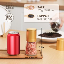 Vucchini Gold Salt and Pepper Grinder Mill - Adjustable Coarseness Ceramic Brass Spice Grinder Shaker - Refillable Glass Pepper Grinders for Home Golden Kitchen Accessories