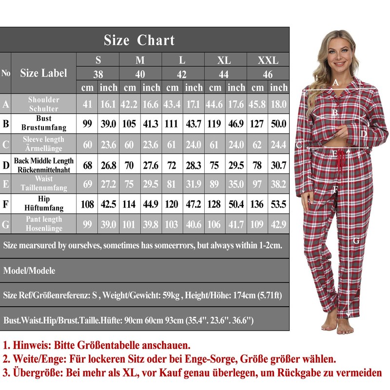 Mnemo Home Women's Long Flannel Pyjamas, 100% Cotton, Flannel, red