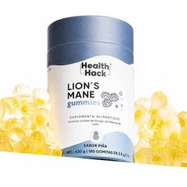Health Hack Melena de León en Gomitas, 1000 mg de Adaptógeno, con 300 mg Bacopa Monnieri, 150 mg L-Teanina y Vitamina B12, Sabor Piña, Suplemento Vegano Sin Azúcar, 180 Gomitas