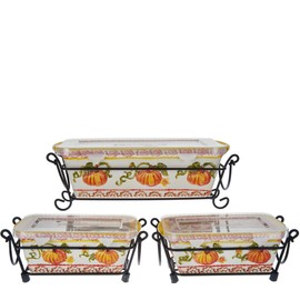 Temp-tations Set of 3 (1 Regular, 2 Mini) Loaf Pans w/Plastic Covers & Wire Racks, Stoneware (Old World Pumpkin)