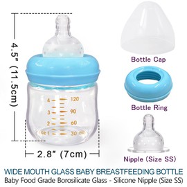 Matyz 1-Pack Glass Baby Breastfeeding Bottle with Cap (Blue, 4Oz) - Wide Neck New Born Bottles for Baby Breastfeeding - 4 Oz Glass Baby Bottles with Lids - Breastfeeding Bottles for 0-3 Months Babies