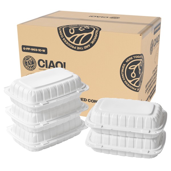 CIAO! 9"x6"x3" MFPP White Hinged Container With Lid 1 Compartment