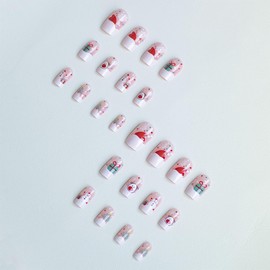 24Pcs Christmas Press on Nails Short Square False Nails White French Tip Christmas Fake Nails with Cute Snowmen Elk Xmas Hat Gift Designs Pink Winter Snowflake Glue on Nails for Women Girls Manicure