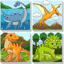 4Pack Dinosaur Paint by Number for Kids with Wooden Frame,4 Dinosaurs Canvas Paints by Number Canvas, Dinosaur Gifts for Kids Easy Paint with Numbers DIY Acrylic Oil Painting Kits for Home Wall Decor