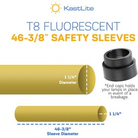 KastLite T8 Fluorescent Light Tube Guard with End Caps - 46-3/8" Fluorescent Light Diffuser Covers/Safety Sleeves, Yellow Protective Plastic Covering/Lighting Accessory, Pack of 12