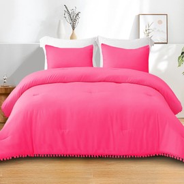 Exclusivo Mezcla Boho Pom Pom Ball Fringe Twin Comforter Set, 2 Piece Hot Pink Lightweight Down Alternative Bedding Comforter Sets for All Seasons (1 Comforter and 1 Pillowcase)
